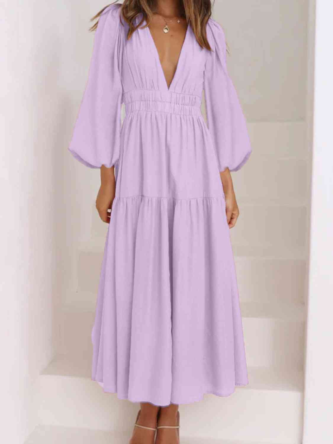 Deep V-Neck Balloon Sleeve Plain Maxi Dress - Body By J'ne