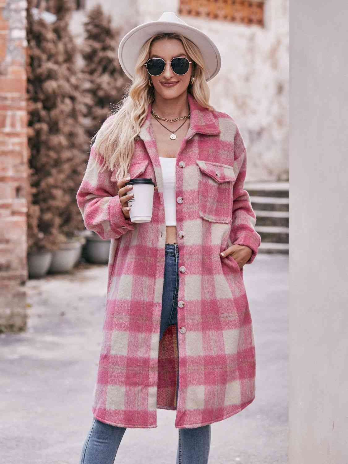 Plaid Dropped Shoulder Slit Coat - Body By J'ne