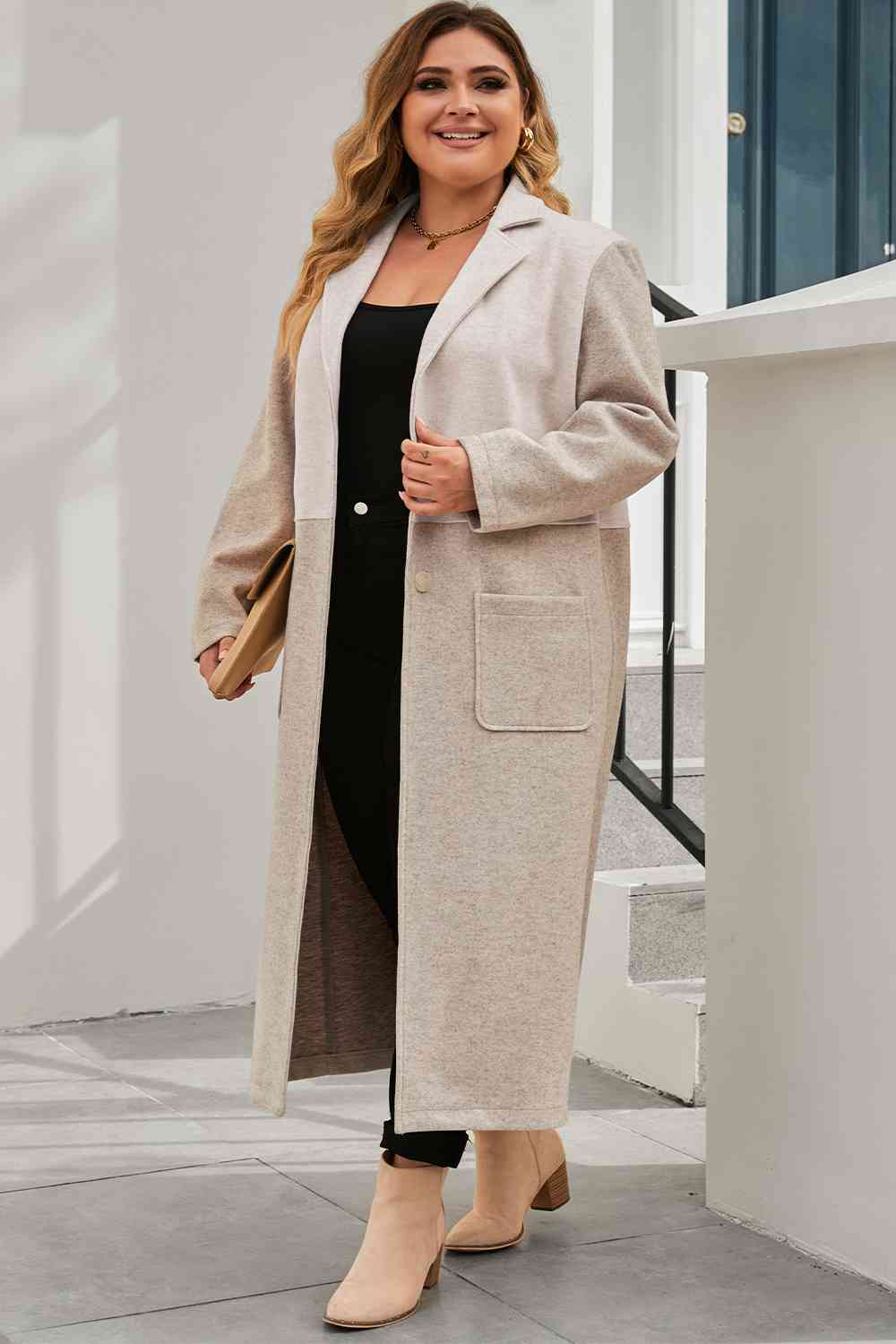 Plus Size Collared Neck Buttoned Longline Coat - Body By J'ne