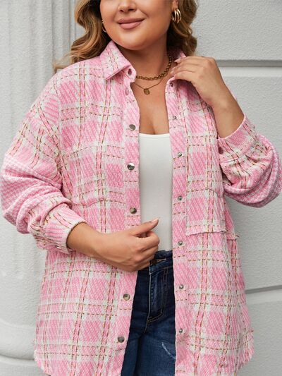 Plus Size Plaid Pocketed Snap Down Jacket - Body By J'ne