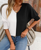 Contrast V-Neck Lantern Sleeve Blouse - Body By J'ne