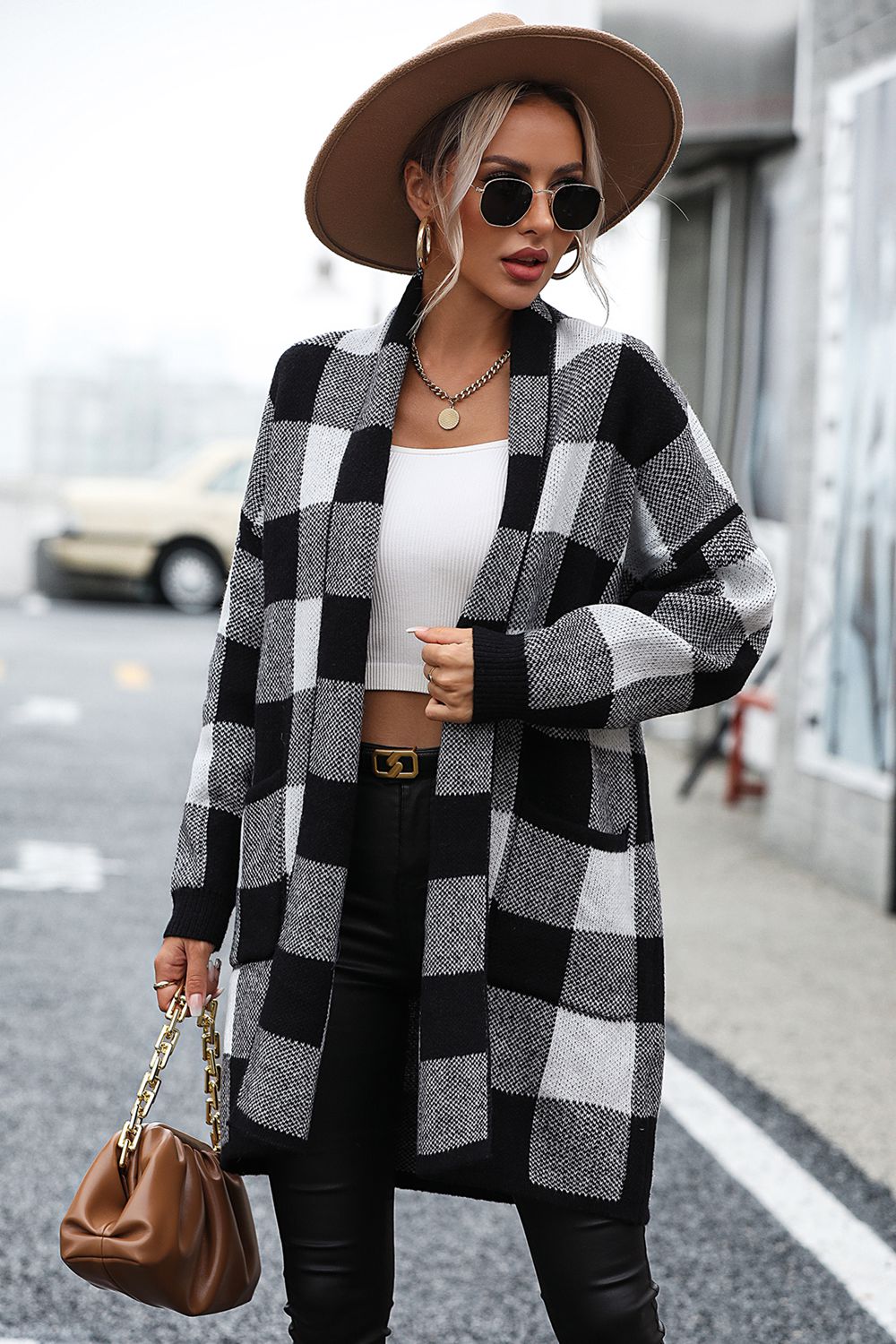 Plaid Dropped Shoulder Cardigan with Pocket - Body By J'ne