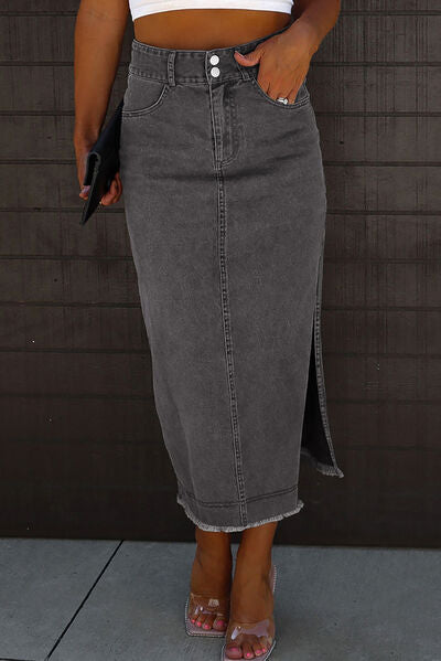 Raw Hem Slit Pocketed Midi Denim Skirt - Body By J'ne