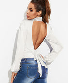 Backless Tie-Waist Turtleneck Lantern Sleeve Bodysuit - Body By J'ne