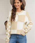 Plaid Round Neck Dropped Shoulder Sweater - Body By J'ne