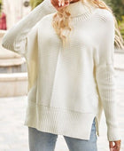 Ribbed Turtleneck Long Sleeve Slit Sweater - Body By J'ne