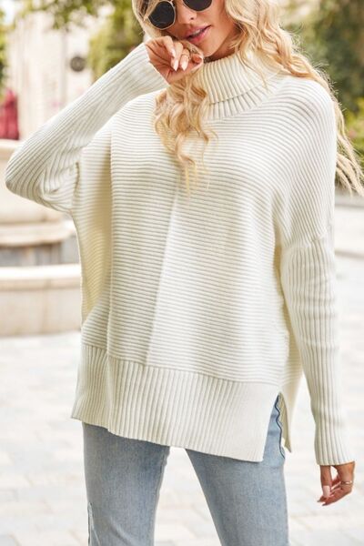 Ribbed Turtleneck Long Sleeve Slit Sweater - Body By J'ne