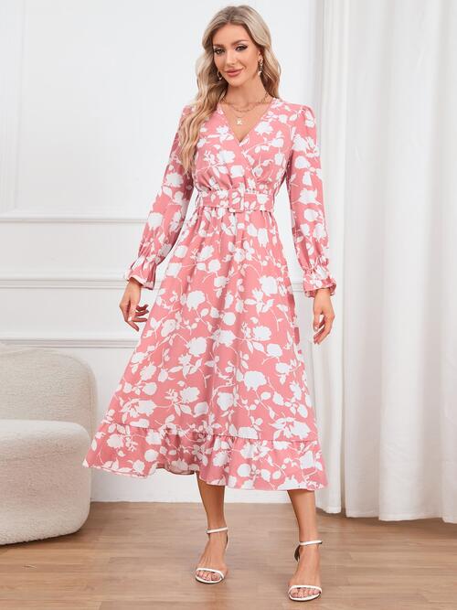 Floral Surplice Flounce Sleeve Ruffle Hem Dress - Body By J'ne