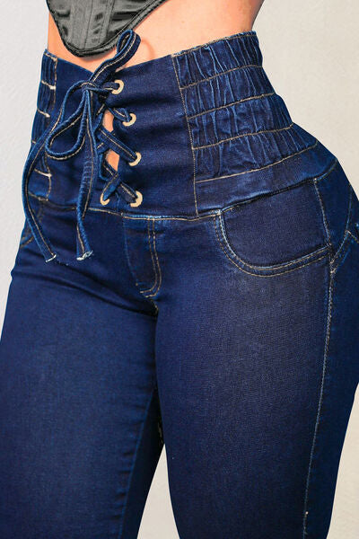 Lace-Up High Waist Jeans with Pockets - Body By J'ne