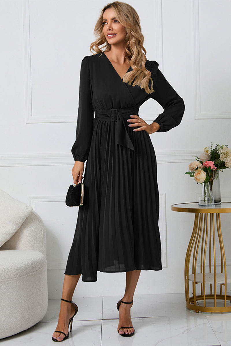 V-Neck Long Sleeve Tie Waist Midi Dress - Body By J'ne