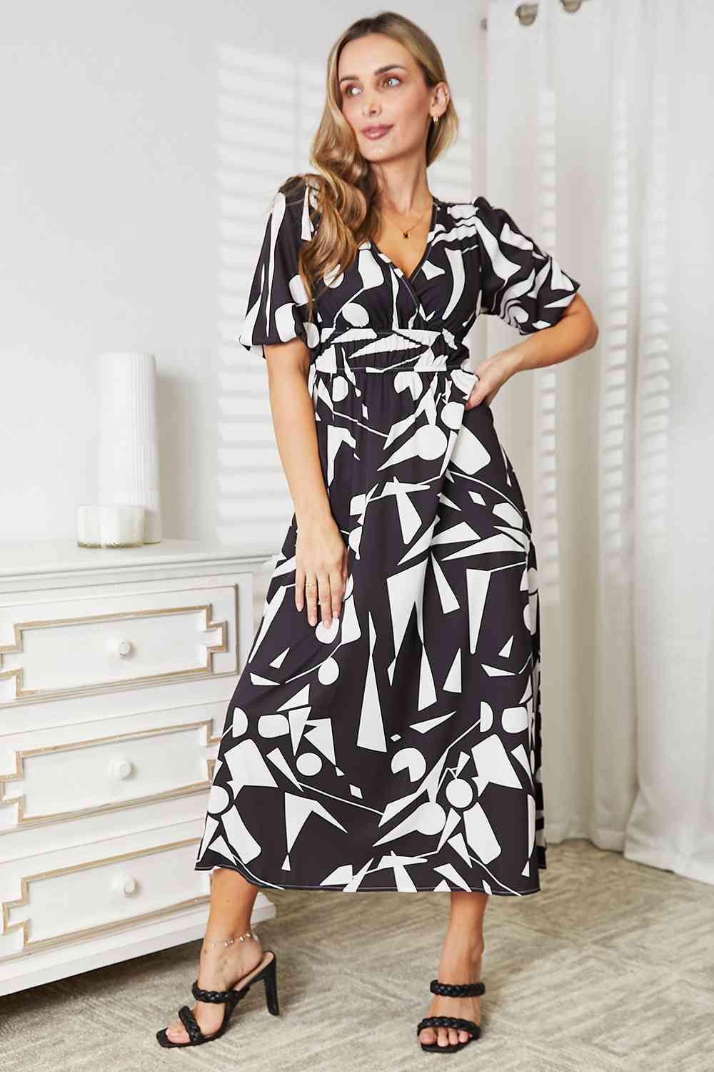 Printed Surplice Balloon Sleeve Dress - Body By J'ne