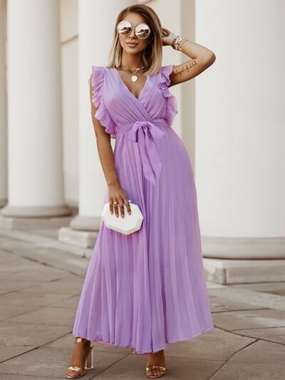 Tied Surplice Cap Sleeve Pleated Dress - Body By J'ne