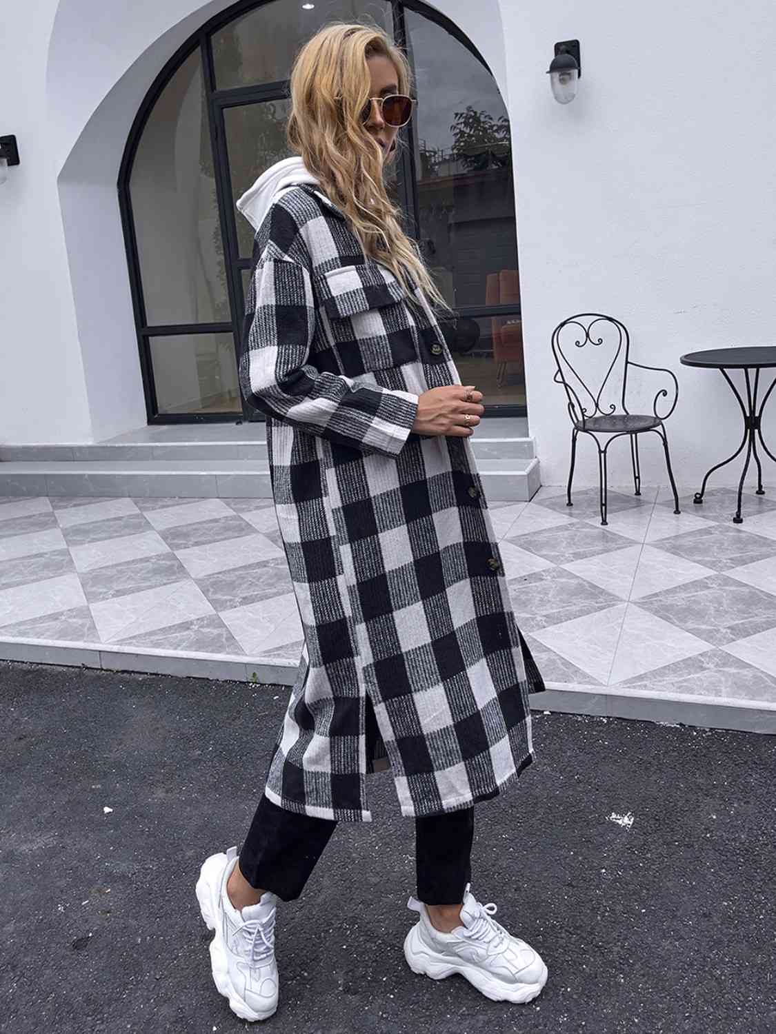 Plaid Collared Neck Slit Longline Coat - Body By J'ne