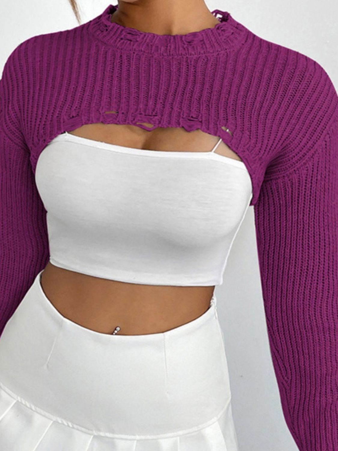 Distressed Long Sleeve Cropped Sweater - Body By J'ne