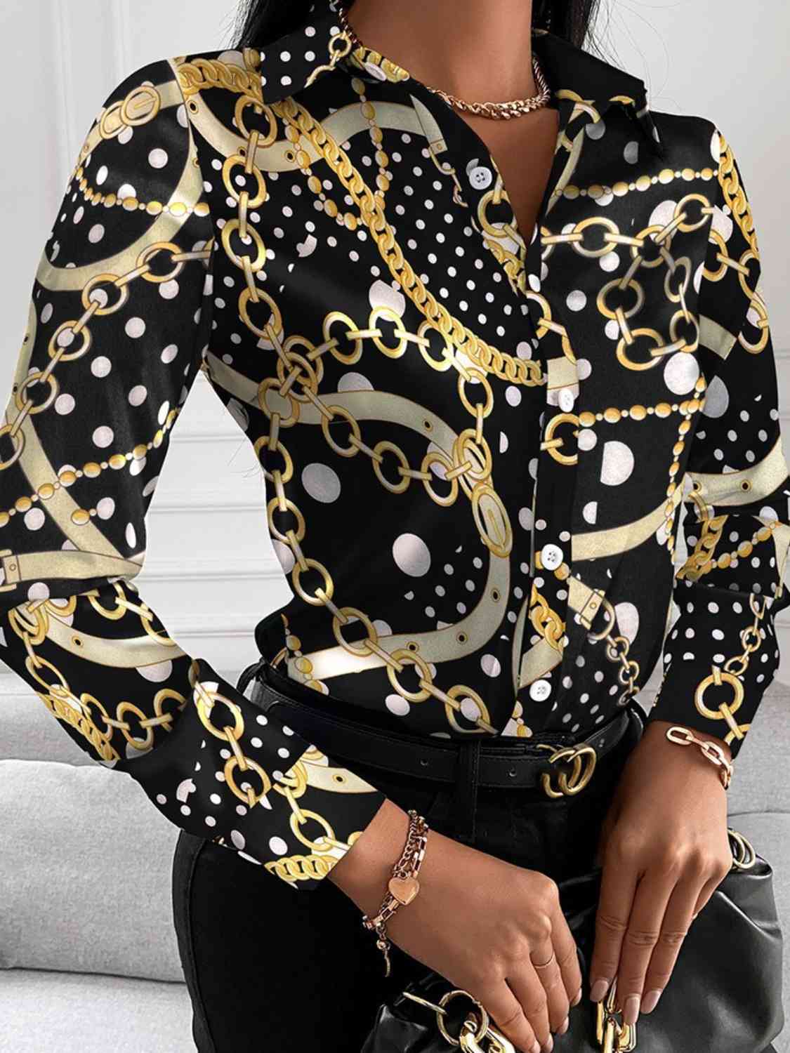 Printed Collared Neck Long Sleeve Shirt - Body By J'ne