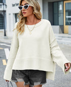 High-Low Slit Round Neck Long Sleeve Sweater - Body By J'ne