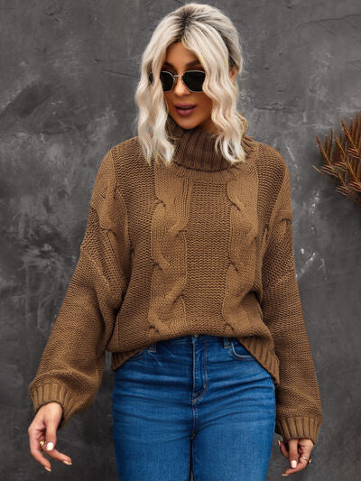 Cable-Knit Turtleneck Dropped Shoulder Sweater - Body By J'ne