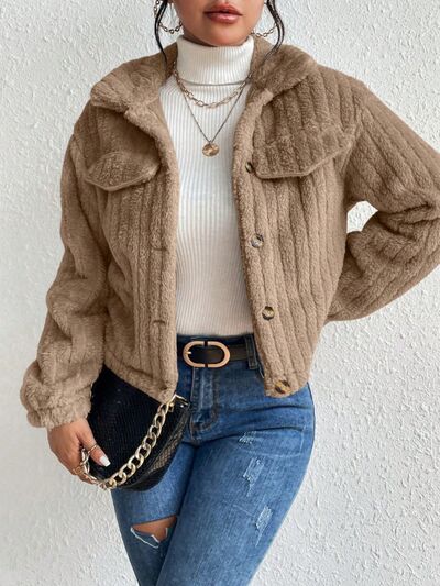 Fuzzy Button Up Collared Neck Jacket - Body By J'ne