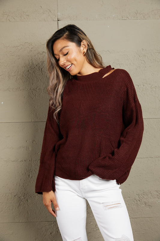 Round Neck Cutout Dropped Shoulder Sweater - Body By J'ne