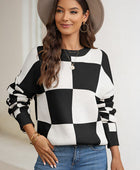 Plaid Round Neck Dropped Shoulder Sweater - Body By J'ne