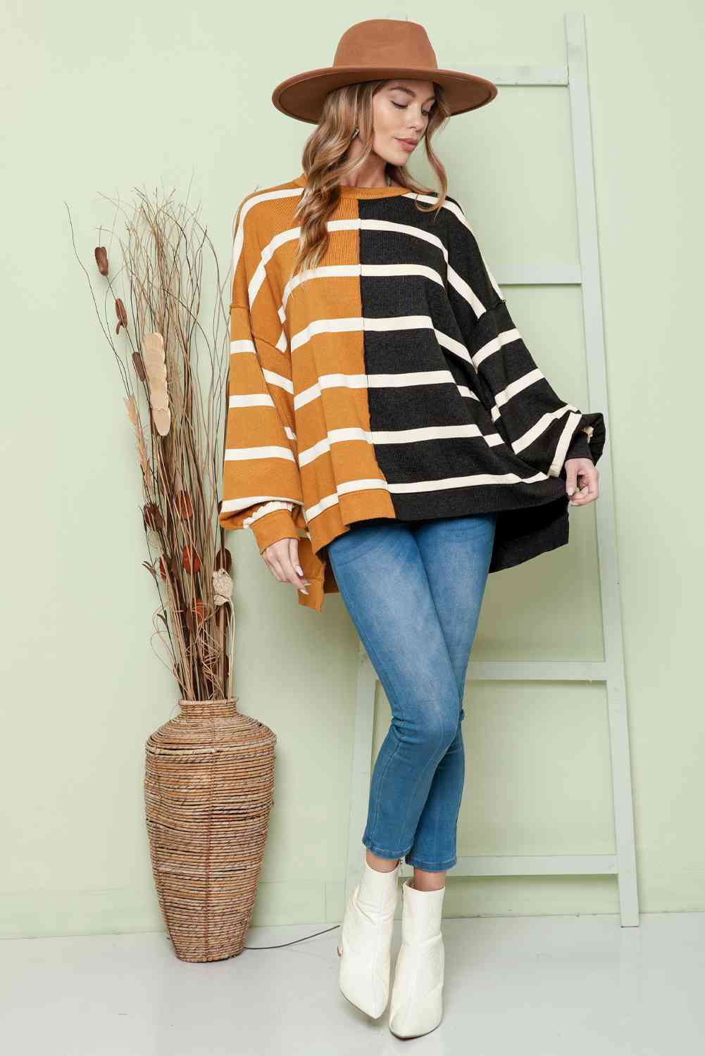 Striped Dropped Shoulder Round Neck Blouse - Body By J'ne