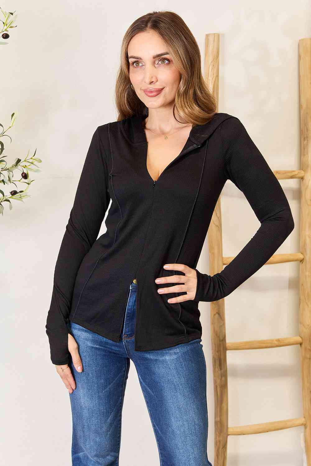 Full Size Exposed Seam Long Sleeve Hoodie - Body By J'ne