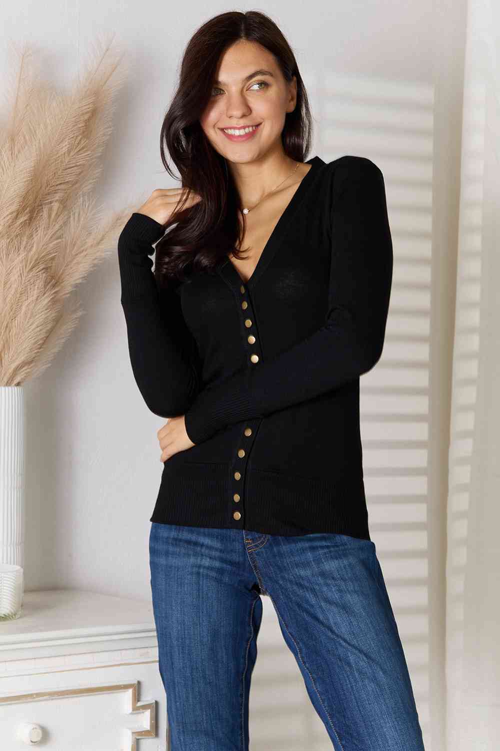 Full Size V-Neck Long Sleeve Cardigan - Body By J'ne