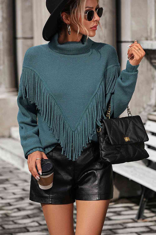 Turtle Neck Tassel Front Long Sleeve Pullover Sweater - Body By J'ne