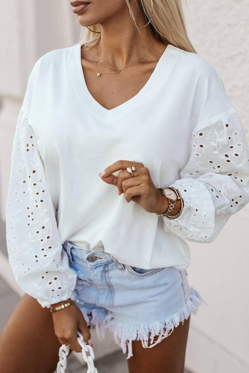 V-Neck Embroidered Splicing Long Sleeve Blouse - Body By J'ne