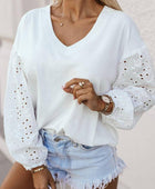 V-Neck Embroidered Splicing Long Sleeve Blouse - Body By J'ne