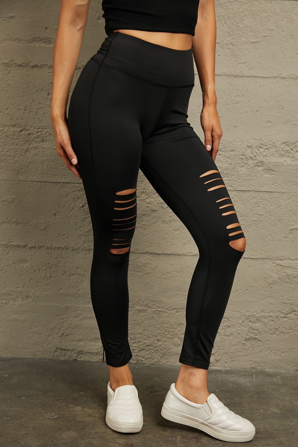 Wide Waistband Distressed Slim Fit Leggings - Body By J'ne