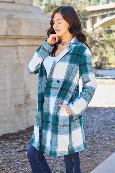 Full Size Plaid Button Up Lapel Collar Coat - Body By J'ne