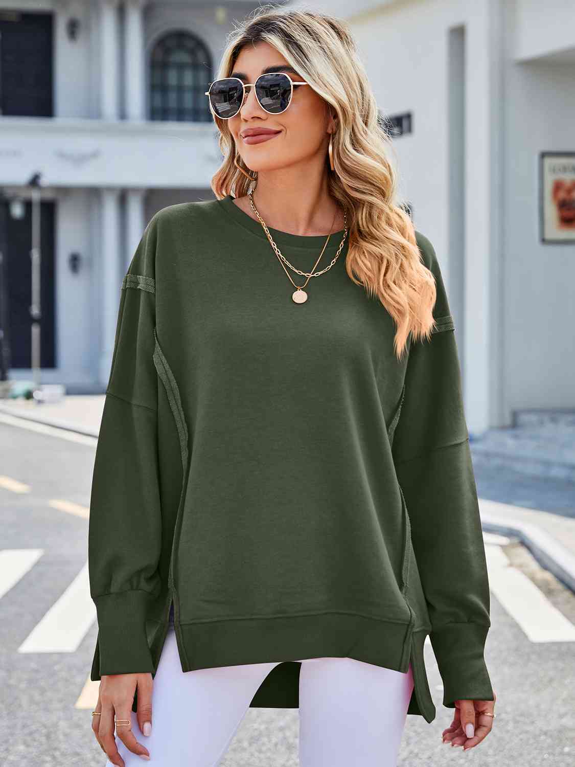 Exposed Seam High-Low Round Neck Sweatshirt - Body By J'ne