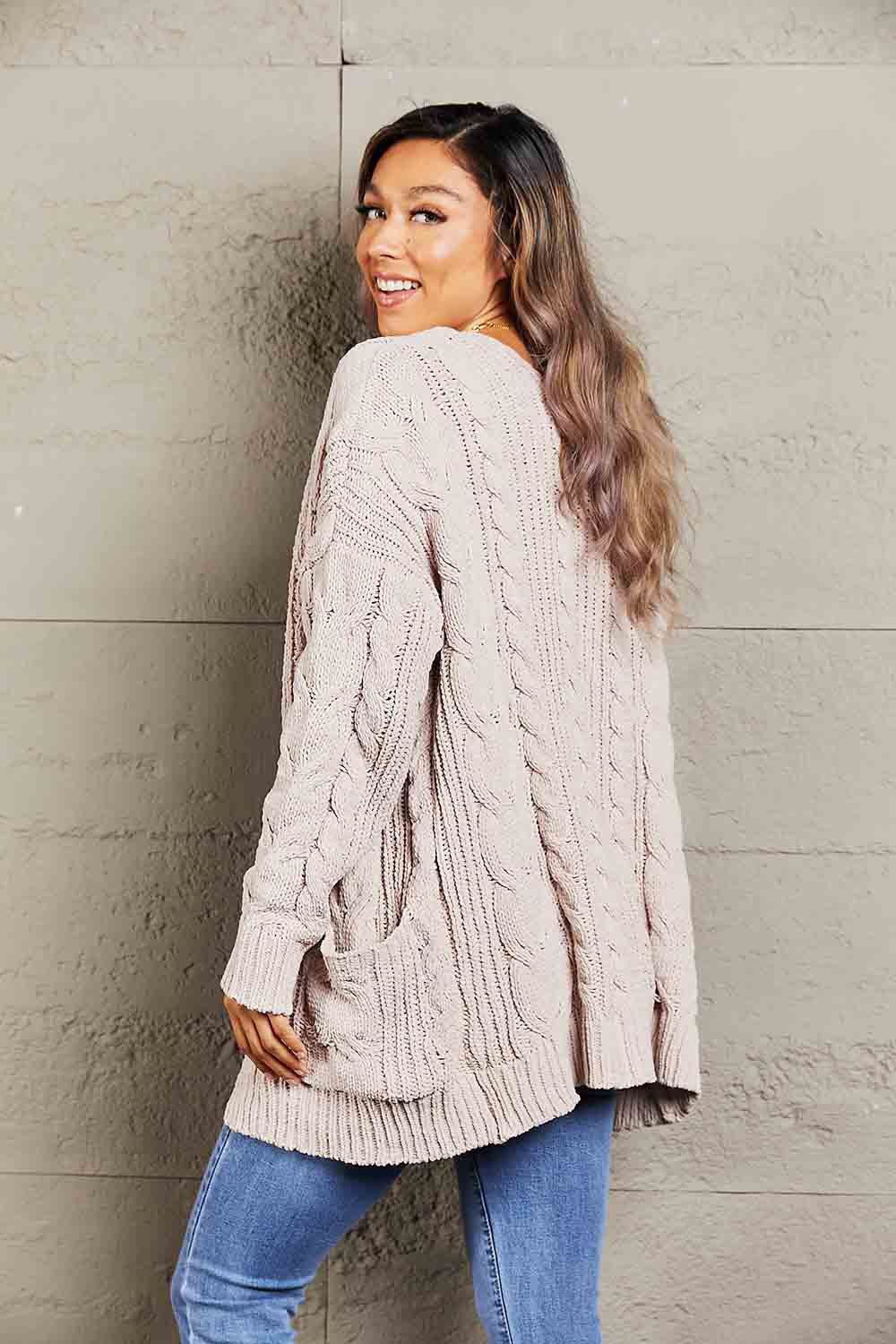 Woven Right Cable-Knit Open Front Cardigan with Front Pockets - Body By J'ne