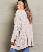 Woven Right Cable-Knit Open Front Cardigan with Front Pockets - Body By J'ne