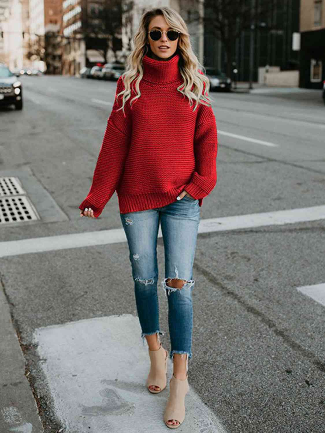 Turtleneck Dropped Shoulder Slit Sweater - Body By J'ne