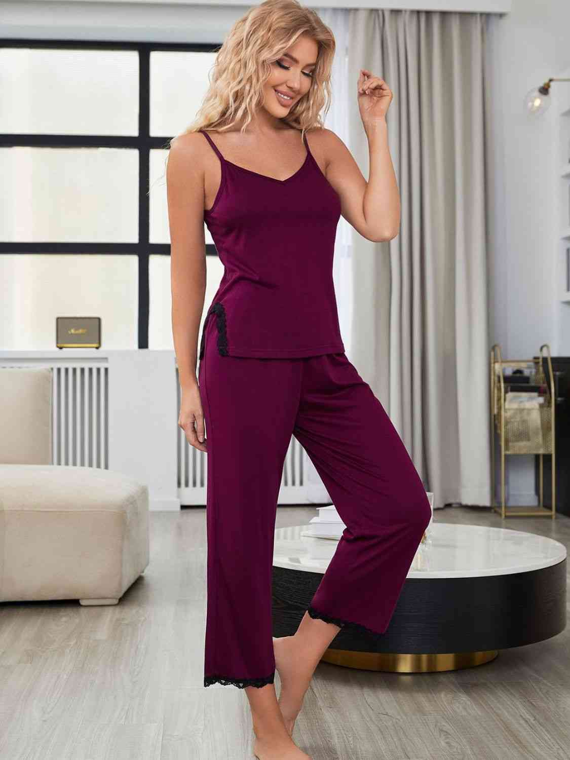 V-Neck Lace Trim Slit Cami and Pants Pajama Set - Body By J'ne