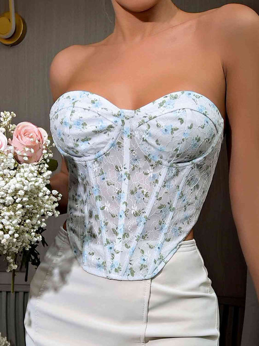 Floral Lace-Up Strapless Bustier - Body By J'ne