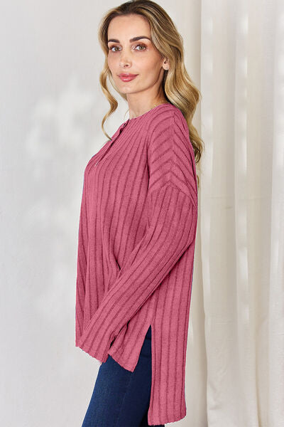 Full Size Ribbed Half Button Long Sleeve High-Low T-Shirt - Body By J'ne