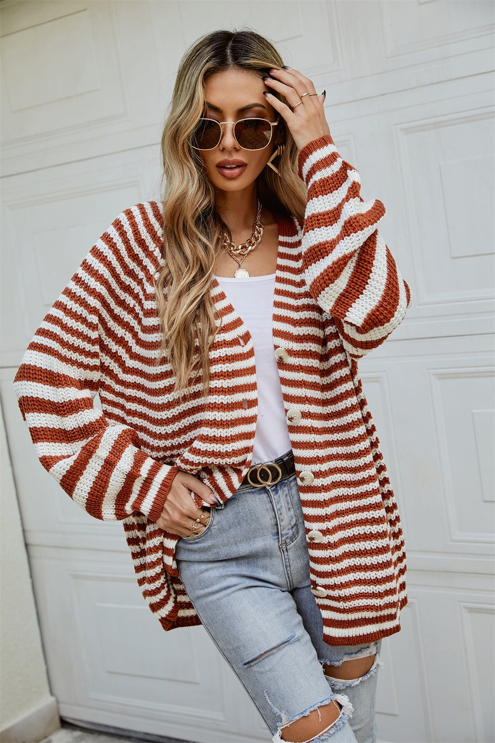 Striped Button Up Long Sleeve Cardigan - Body By J'ne