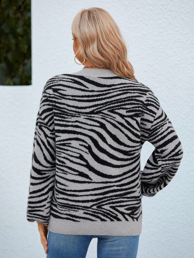 Animal Print Round Neck Dropped Shoulder Sweater - Body By J'ne