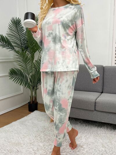 Tie-Dye Round Neck Top and Drawstring Pants Lounge Set - Body By J'ne