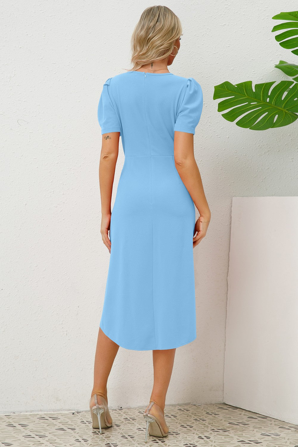 Slit Ruched Round Neck Puff Sleeve Dress - Body By J'ne