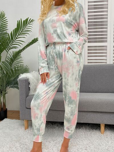 Tie-Dye Round Neck Top and Drawstring Pants Lounge Set - Body By J'ne