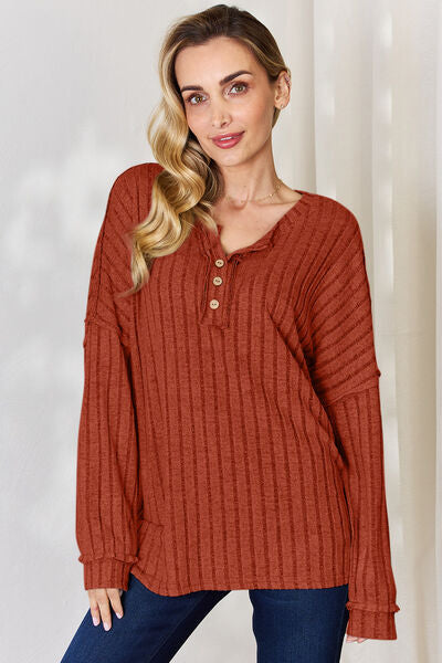 Full Size Ribbed Half Button Long Sleeve T-Shirt - Body By J'ne