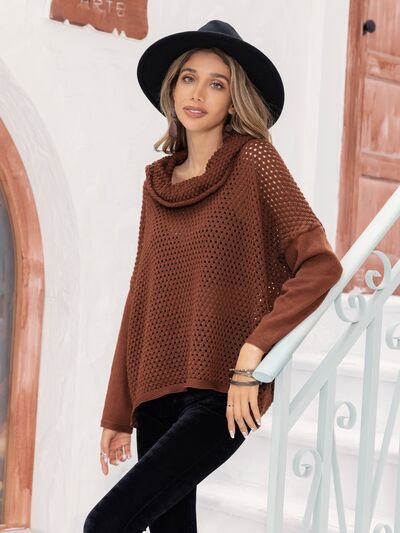 Openwork Mock Neck Dropped Shoulder Sweater - Body By J'ne