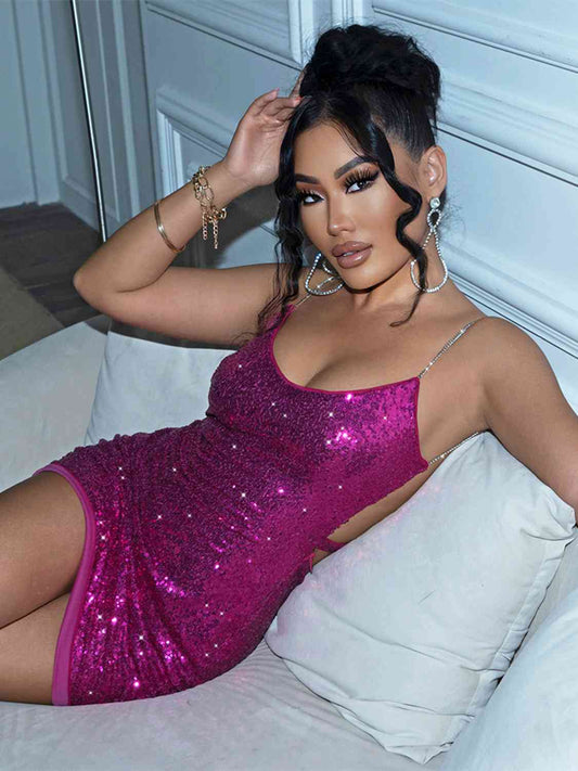 Sequin Cutout Spaghetti Strap Mini Dress - Body By J'ne