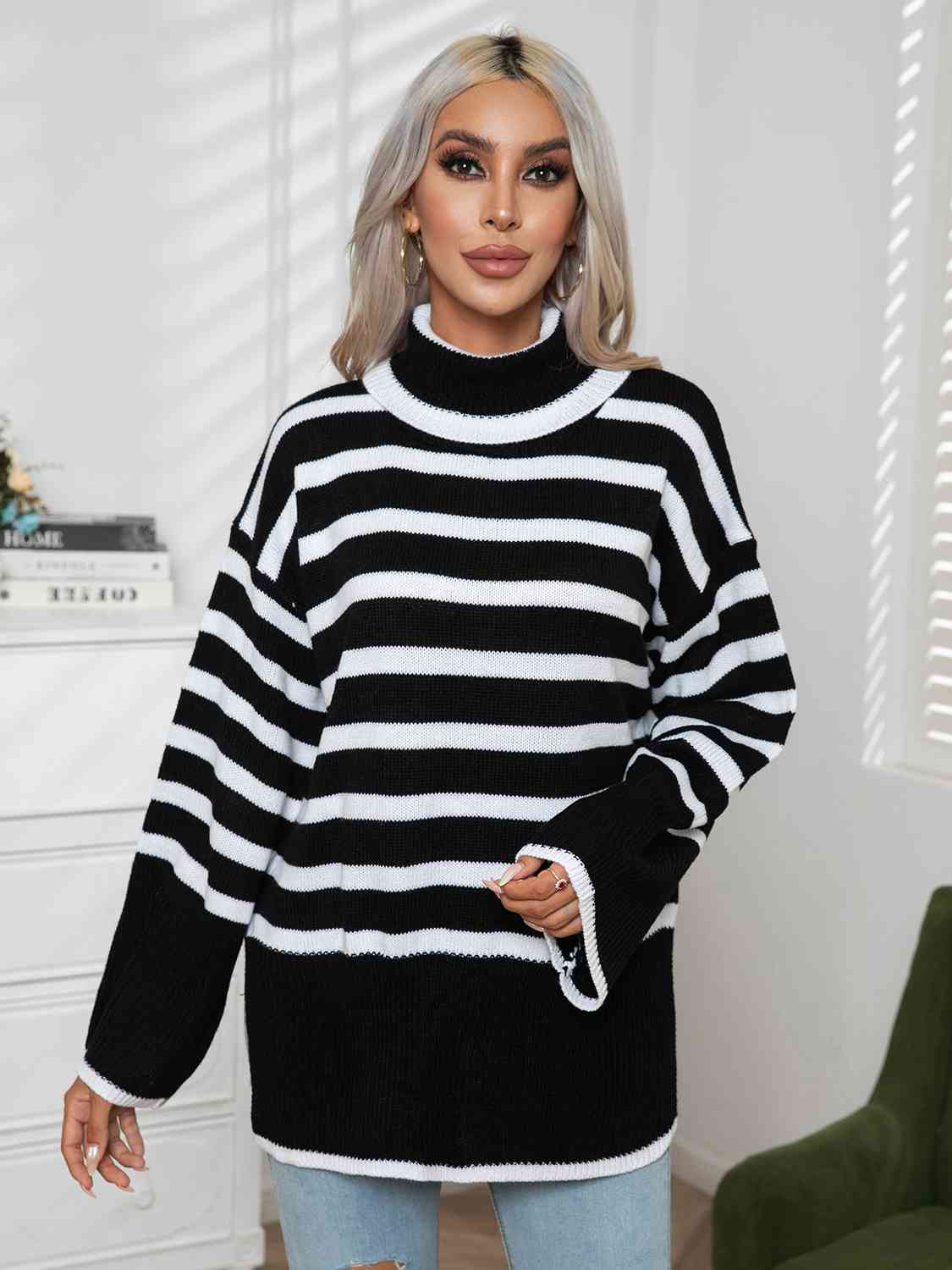 Striped Slit Turtleneck Drop Shoulder Sweater - Body By J'ne