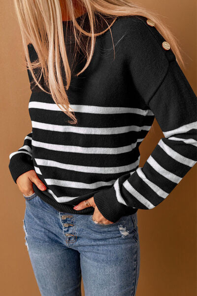 Striped Decorative Button Mock Neck Sweater - Body By J'ne