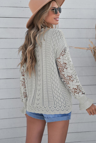 Openwork Lantern Sleeve Dropped Shoulder Sweater - Body By J'ne